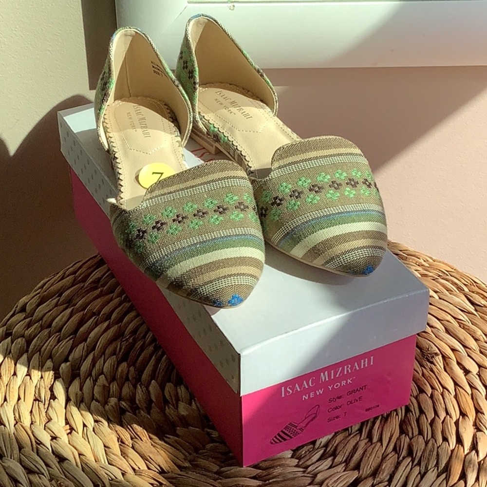 Isaac Mizrahi Green and Brown Flats with Ethnic Patterns